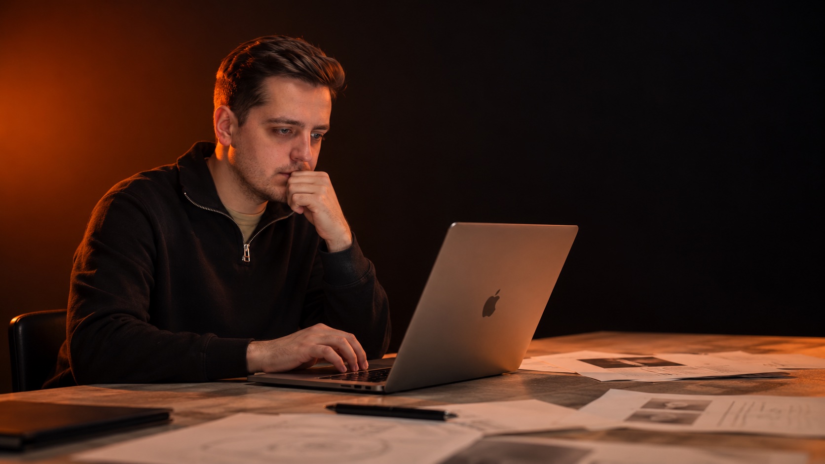 Sjors aan een laptop, denkend over een ontwerp, met schetsen verspreid over tafel